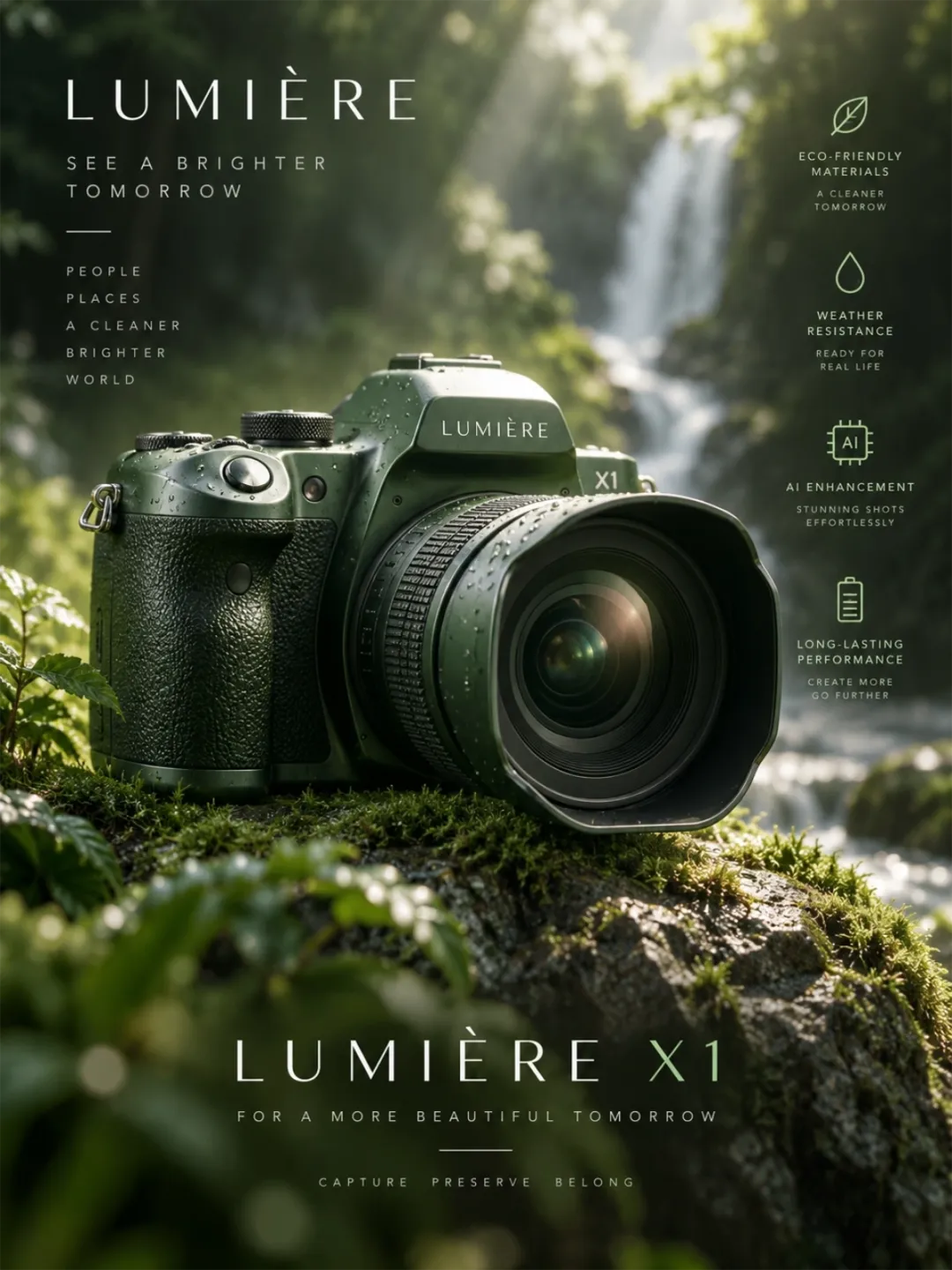 Lumière camera product advertisement in a lush forest beside a waterfall