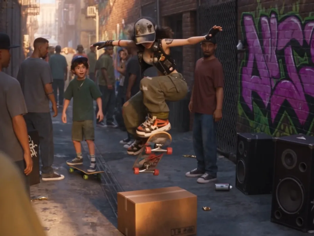 Skater jumping over a box in a city alley