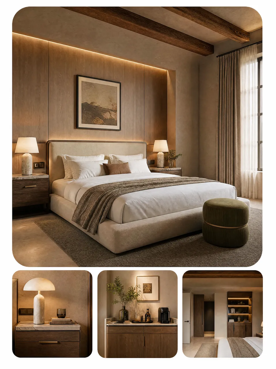Warm hotel bedroom photograph with close-up views of the lamp, minibar, and furnishings.