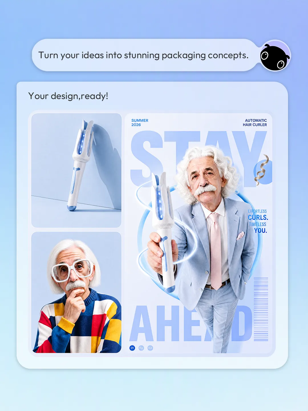 A hair curler product photo and portrait combined into a light-blue advertising layout.