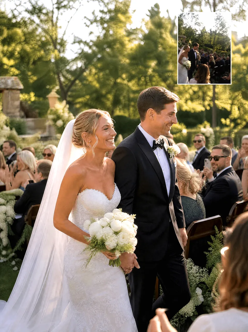 Outdoor wedding photo of a couple with a smaller, darker source image inset.