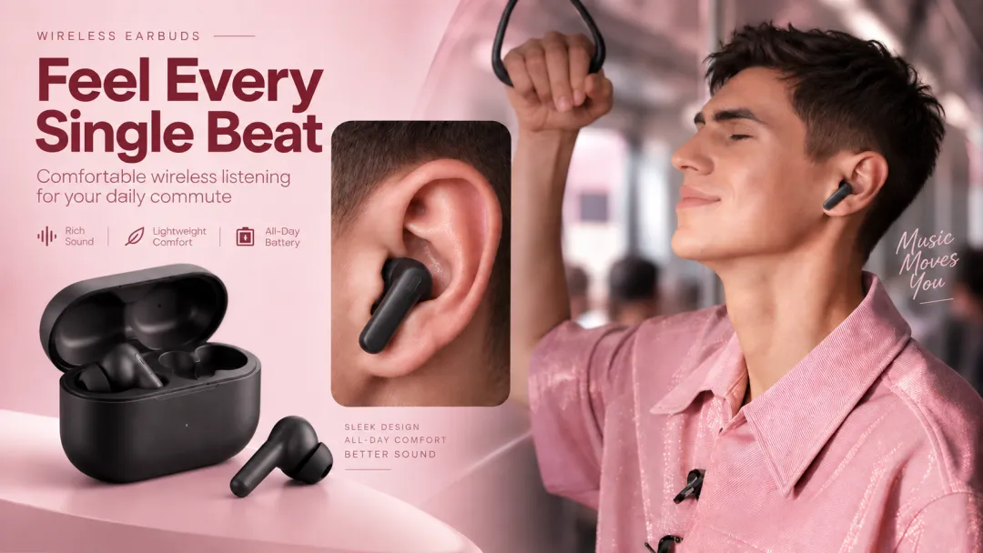 Wireless earbuds product photography with product close-ups and a lifestyle scene