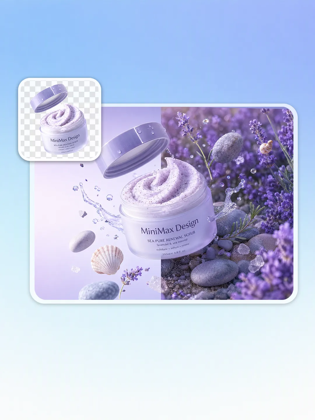 Product background editing example showing a lavender scrub jar in studio and garden settings.