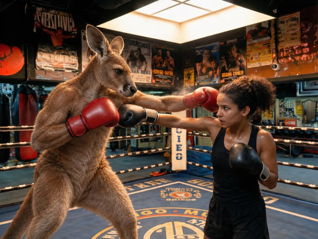 A kangaroo replaces one boxer while the gym scene and sparring partner remain