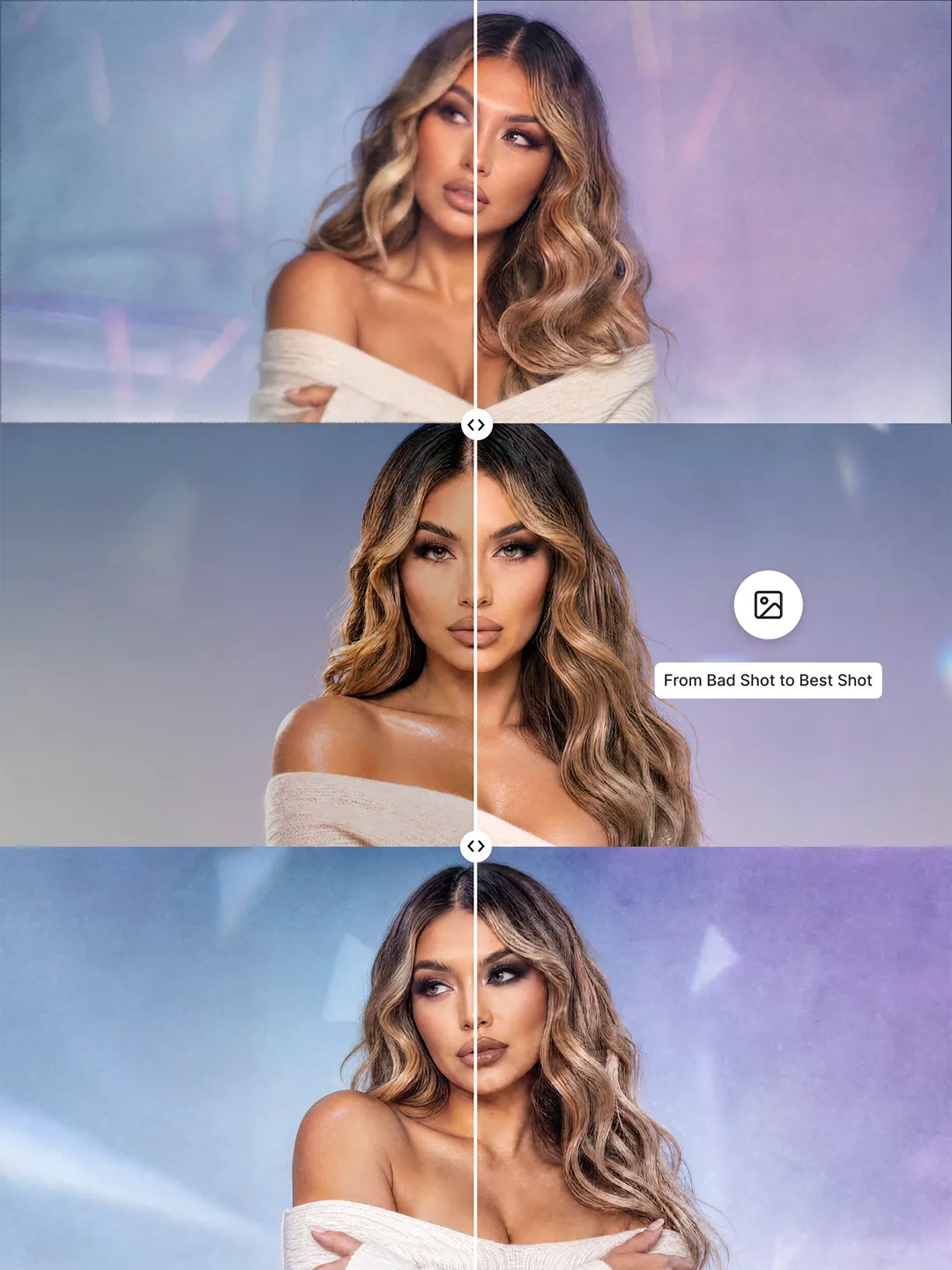 Portrait editing examples showing changes to a woman’s pose, lighting, and facial details.