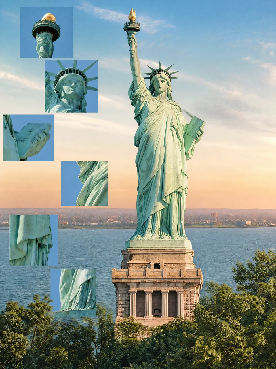 Statue of Liberty travel photo with enlarged callouts showing the crown, torch, and fabric details.