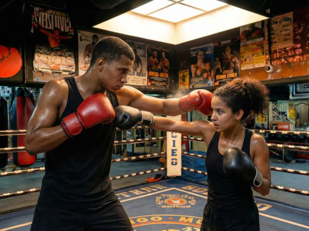 Two people boxing in a gym before a creative subject replacement