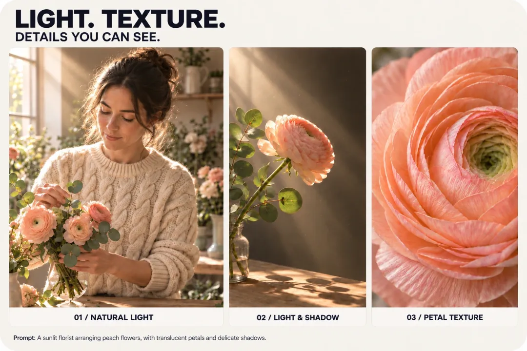 Three-panel composition showing a sunlit florist, light through a peach flower and a close-up of petal texture