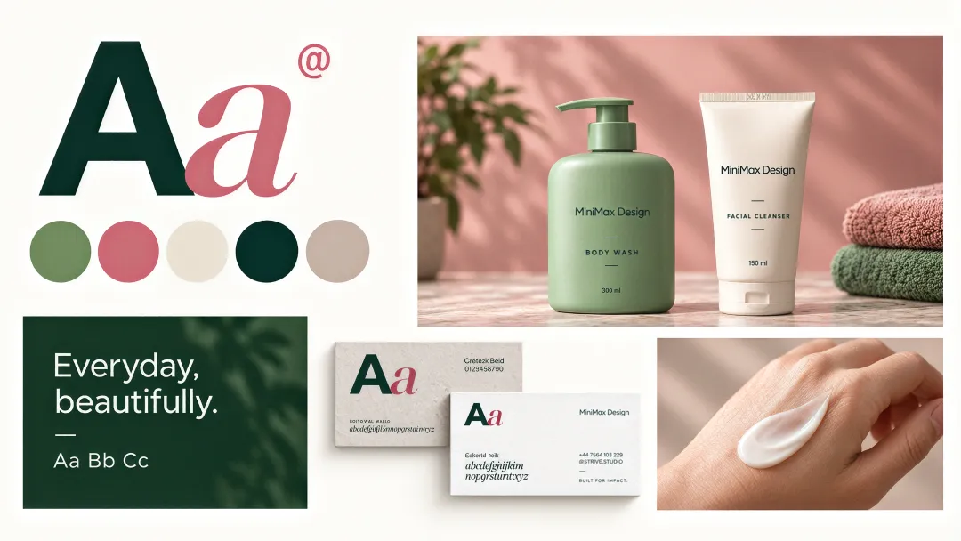 Brand identity board with typography, a color palette, packaging and business cards