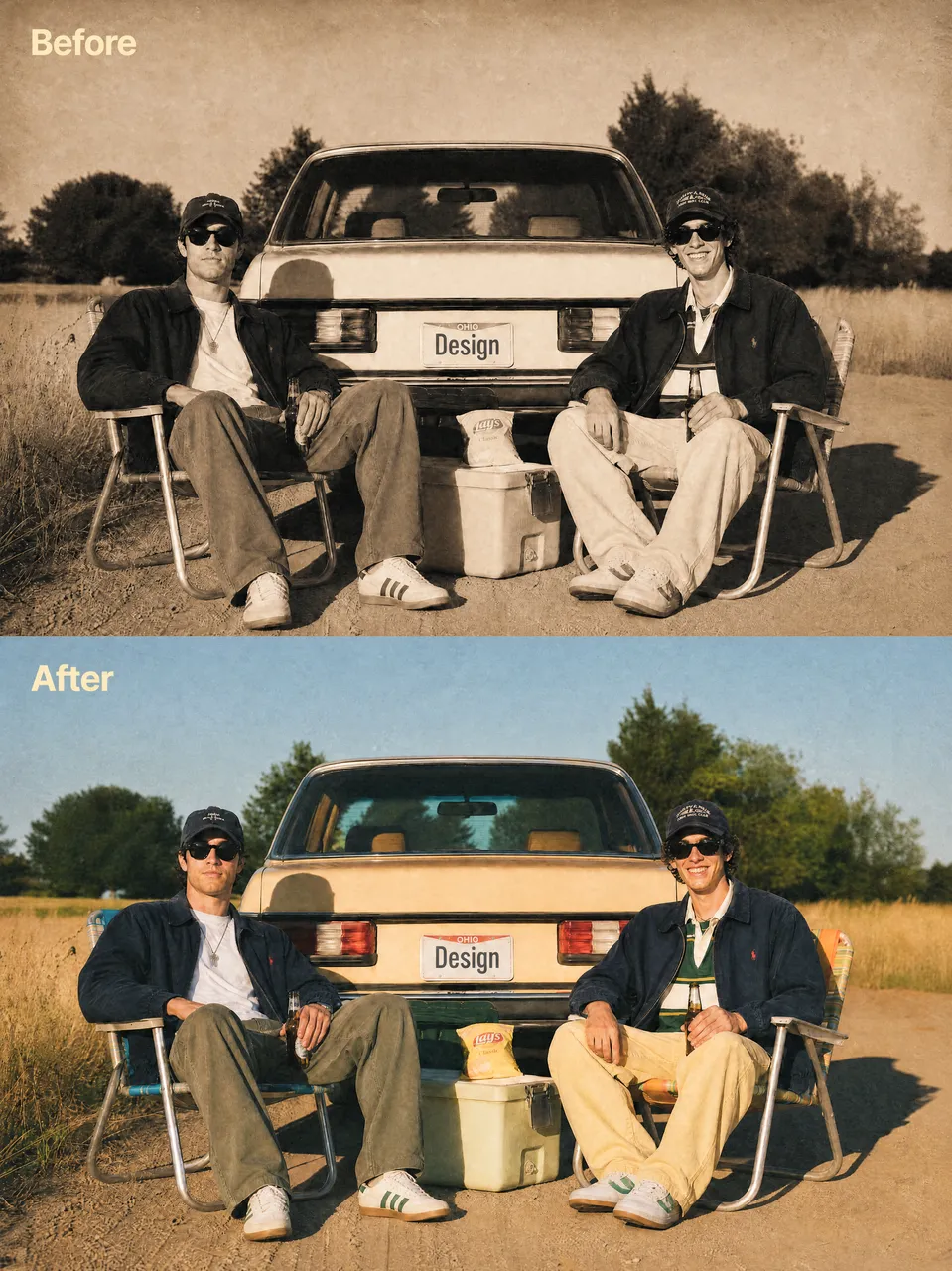 Before-and-after comparison of a sepia photo of two men beside a car and a restored color version.