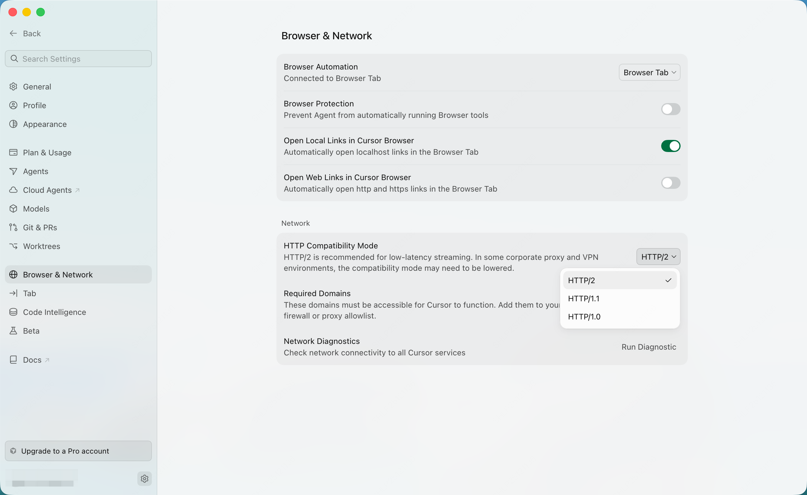 Cursor HTTP Compatibility Mode settings