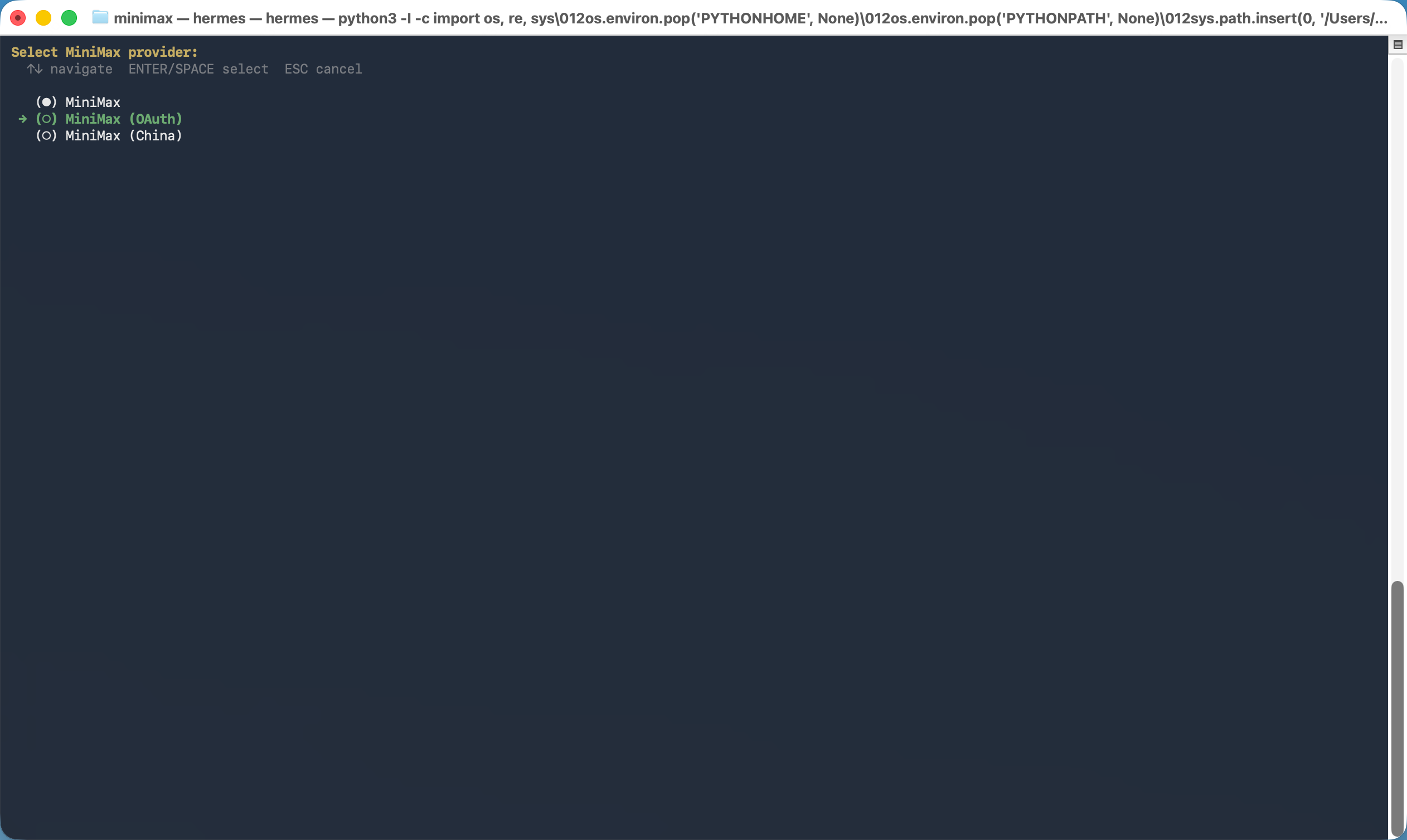 Select MiniMax OAuth in Hermes