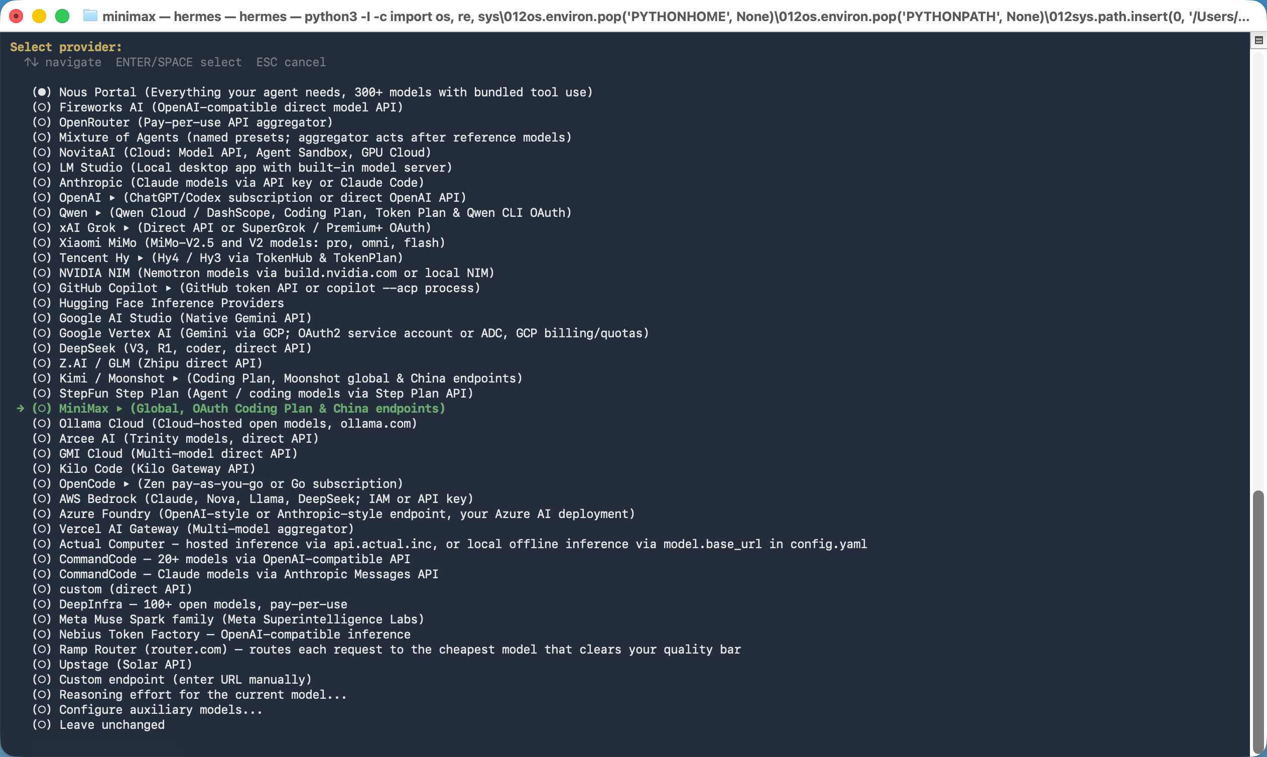 Select MiniMax in the Hermes provider list