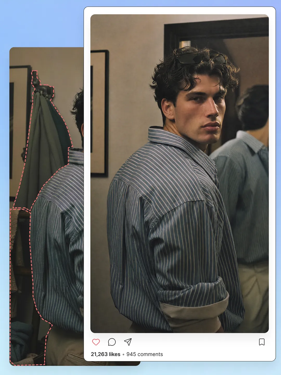 Photo editing comparison showing a hanging jacket removed from behind a man beside a mirror.