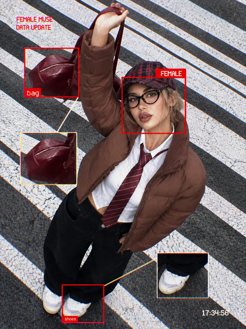 Fashion product photo with enlarged callouts showing a handbag, clothing, and shoes.