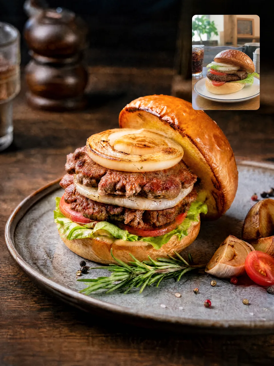 Food photo of a burger with detailed ingredients and a smaller source photo inset.