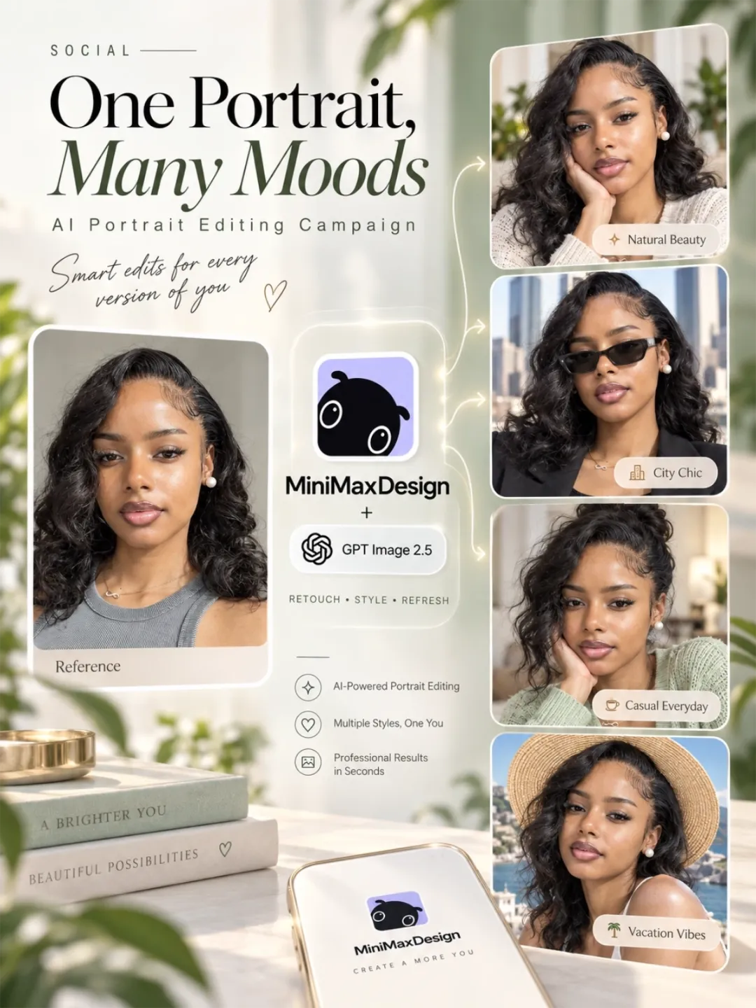 Portrait campaign showing one woman styled for natural, city, casual and vacation looks