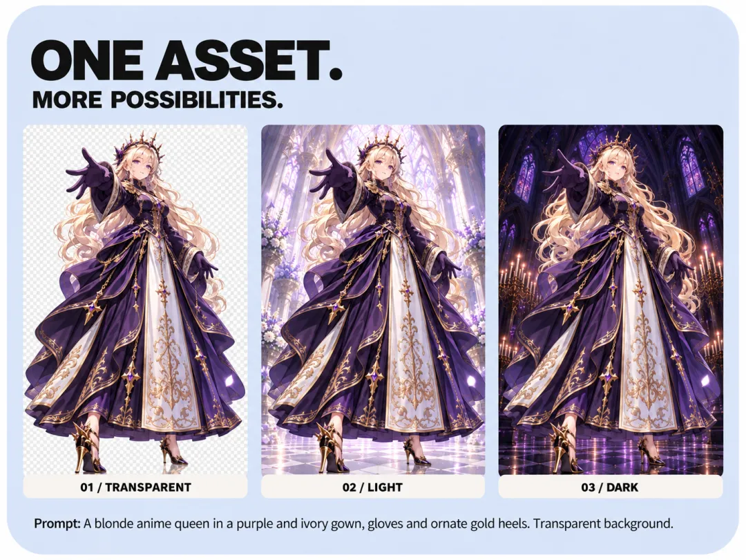 Blonde anime queen in a purple and ivory gown shown on a checkerboard and in light and dark cathedral interiors to illustrate asset reuse
