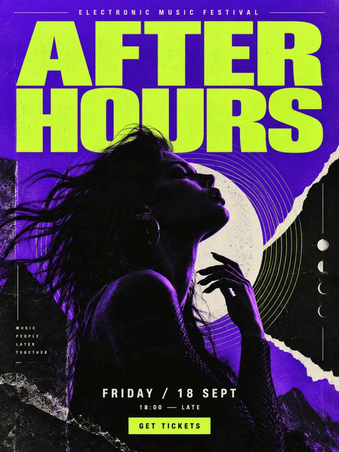 After Hours electronic music festival poster with bold lime typography and a purple portrait
