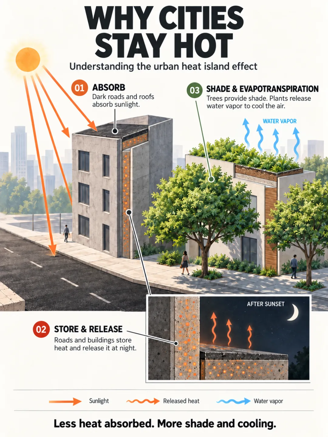 Why Cities Stay Hot editorial infographic with diagrams and readable headings