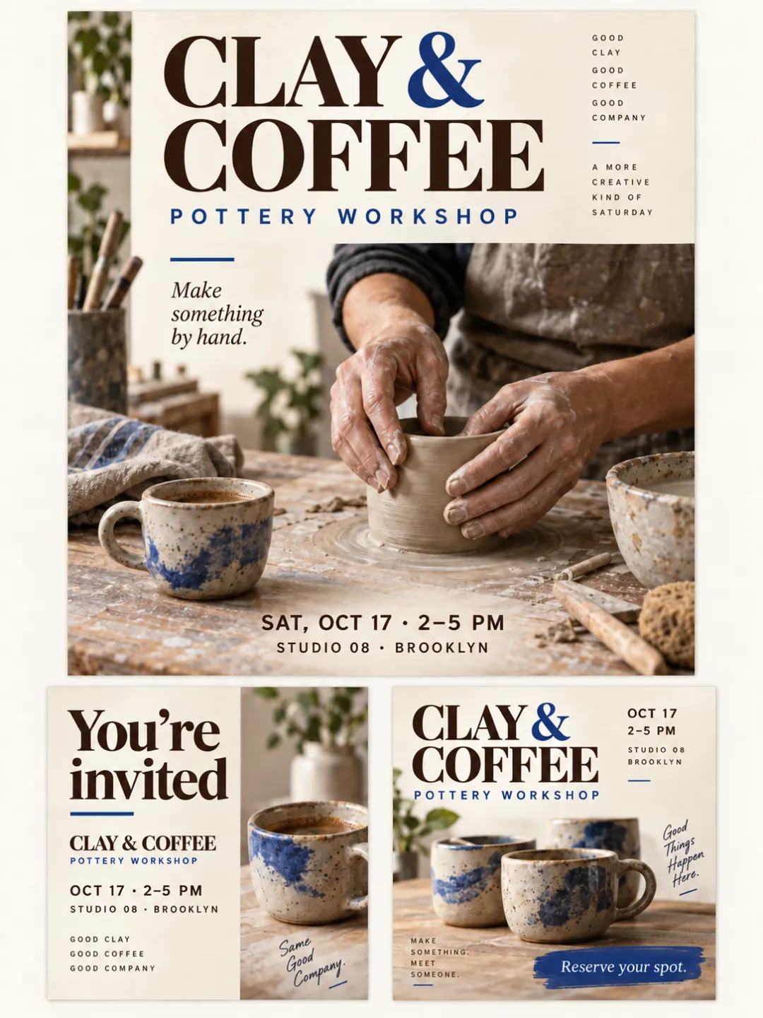Clay and Coffee workshop poster with event details and coordinated invitation