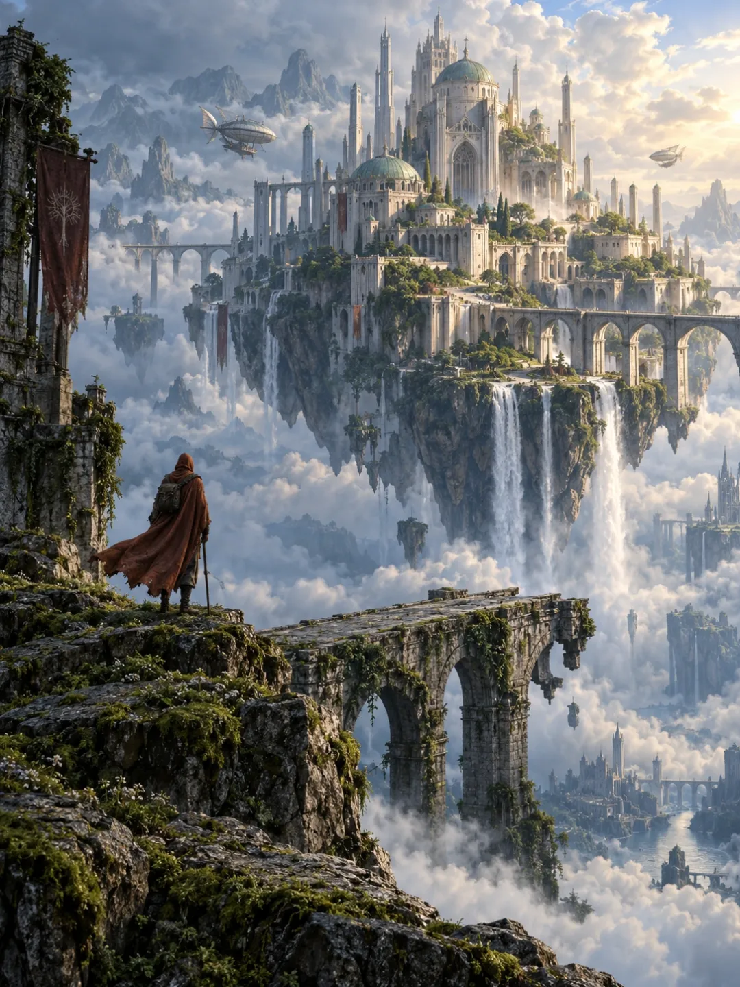 Fantasy concept art of a traveler overlooking a floating castle with waterfalls, stone bridges and airships above the clouds