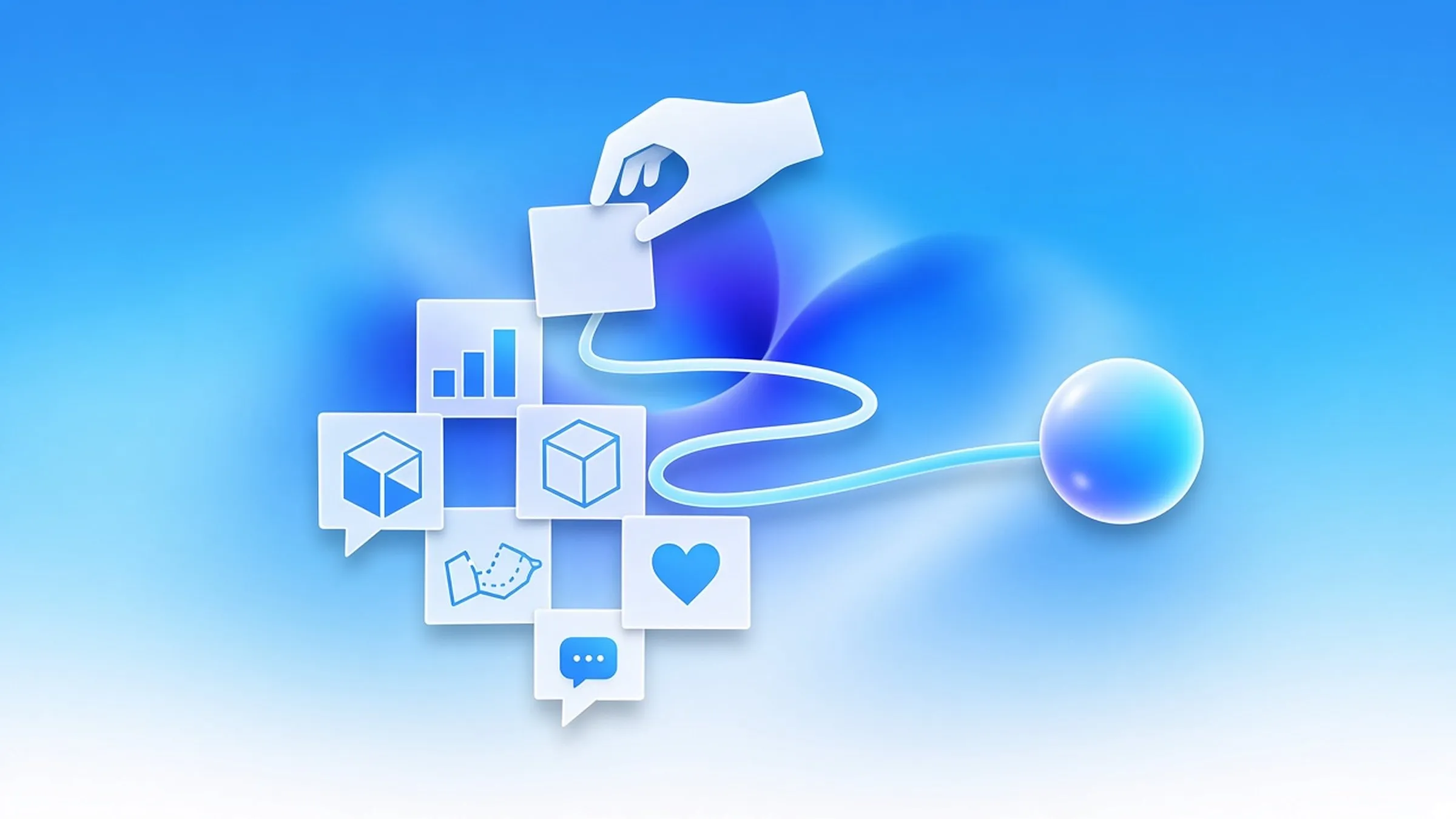 Cover: a hand places a card into a cluster of Mini Apps, including a stock dashboard, a 3D model, a map, and a chat, connected by a line to the Agent